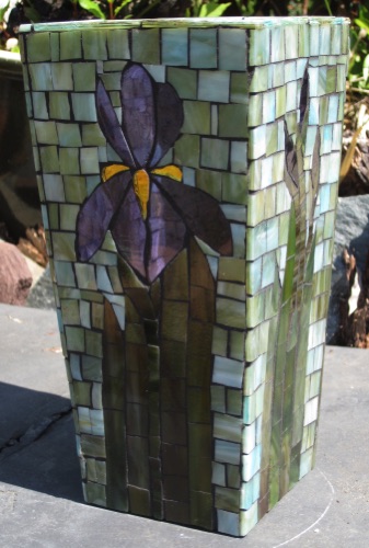 Iris Vase; stained glass on glass; 4.5" x 4.5" x 9", tapered; $150.00
